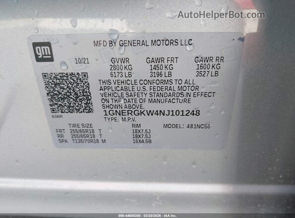 1GNERGKW4NJ101248 2022 CHEVROLET TRAVERSE Silver Vista del compartimento del motor