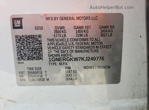 1GNERGKW7KJ249776 2019 CHEVROLET TRAVERSE White 
