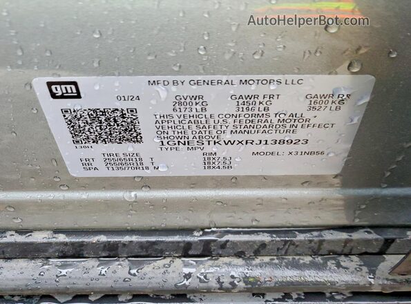 1GNESTKWXRJ138923 2024 CHEVROLET TRAVERSE Gray VIN კოდის სტიკერის ხედი