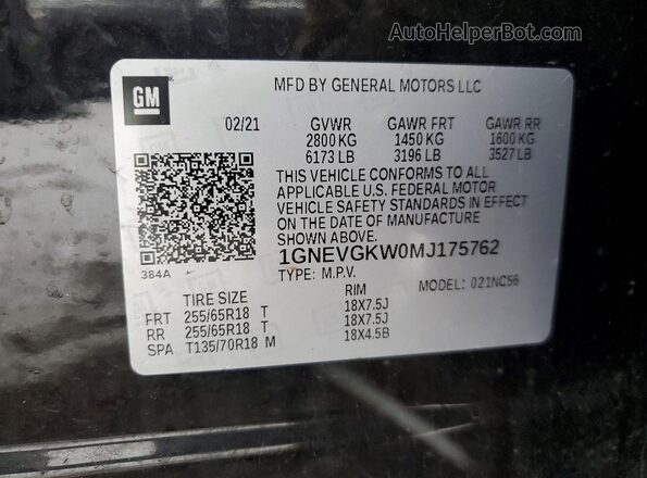1GNEVGKW0MJ175762 2021 CHEVROLET TRAVERSE Black VIN կոդի պիտակի տեսք