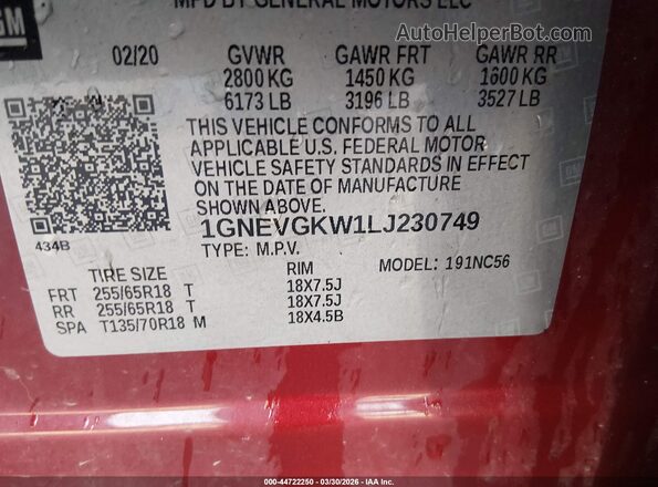 1GNEVGKW1LJ230749 2020 CHEVROLET TRAVERSE Red Widok komory silnika