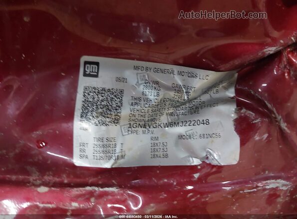 1GNEVGKW6MJ222048 2021 CHEVROLET TRAVERSE Red Engine compartment view