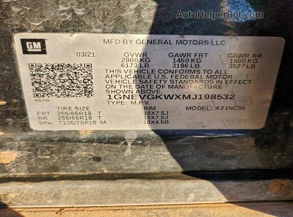 1GNEVGKWXMJ198532 2021 CHEVROLET TRAVERSE Gray VIN կոդի պիտակի տեսք