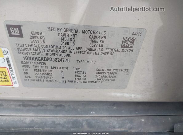 1GNKRGKD8GJ324770 2016 CHEVROLET TRAVERSE Tan Widok komory silnika