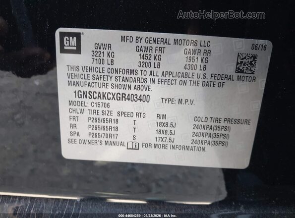 1GNSCAKCXGR403400 2016 CHEVROLET TAHOE Черный Вид подкапотного пространства