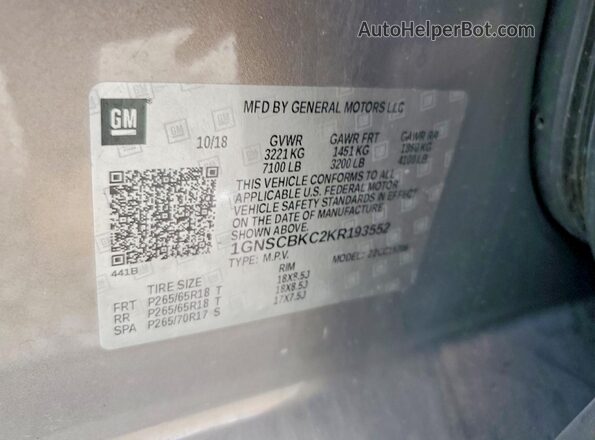 1GNSCBKC2KR193552 2019 CHEVROLET TAHOE Серебряный 