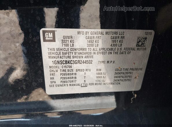 1GNSCBKC3GR244502 2016 CHEVROLET TAHOE Black Widok komory silnika