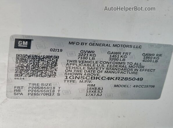 1GNSCBKC4KR285049 2019 CHEVROLET TAHOE Белый Вид наклейки с VIN-кодом