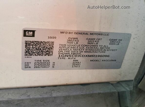 1GNSCEKDXMR196096 2021 CHEVROLET SUBURBAN White VIN sticker view