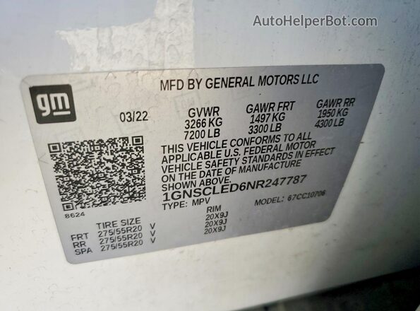 1GNSCLED6NR247787 2022 CHEVROLET TAHOE White 