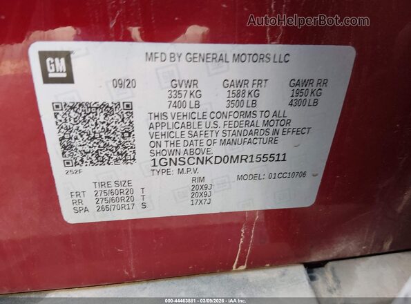 1GNSCNKD0MR155511 2021 CHEVROLET TAHOE Red ძრავის განყოფილების ხედი