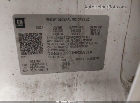 1GNSKBKC1HR359314 2017 CHEVROLET TAHOE White Widok komory silnika