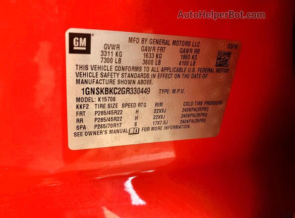 1GNSKBKC2GR330449 2016 CHEVROLET TAHOE Red VIN კოდის სტიკერის ხედი