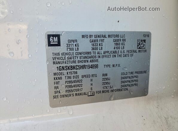 1GNSKBKC5HR194898 2017 CHEVROLET TAHOE White Вид наклейки з VIN-кодом