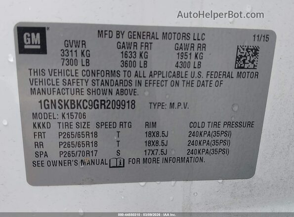1GNSKBKC9GR209918 2016 CHEVROLET TAHOE Белый Вид подкапотного пространства