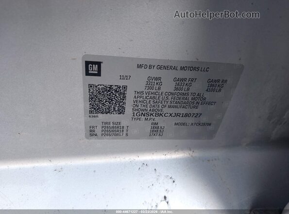 1GNSKBKCXJR180727 2018 CHEVROLET TAHOE Серебряный Вид подкапотного пространства