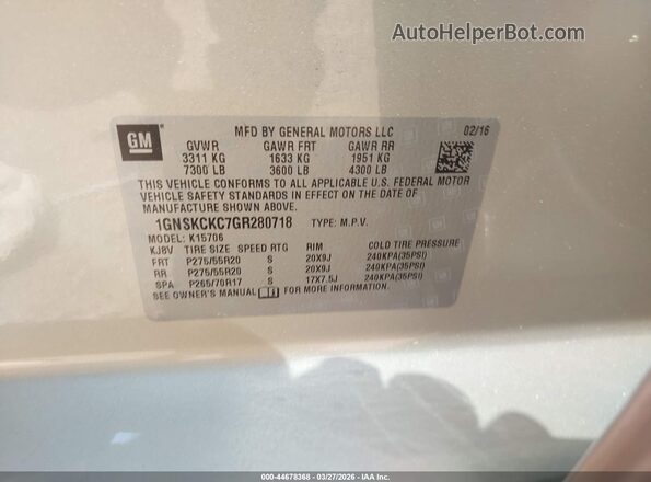1GNSKCKC7GR280718 2016 CHEVROLET TAHOE Silver Շարժիչի բաժամունքի տեսք