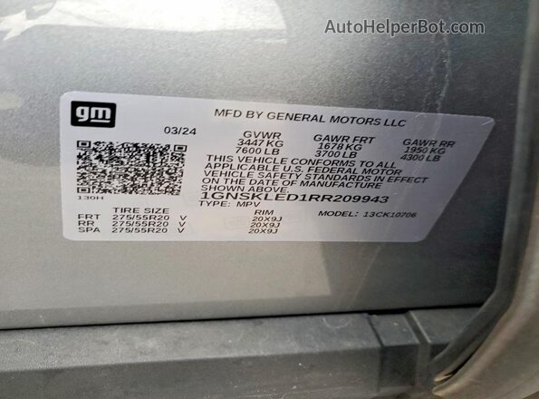 1GNSKLED1RR209943 2024 CHEVROLET TAHOE Silver სალონის 360-გრადუსიანი ხედი