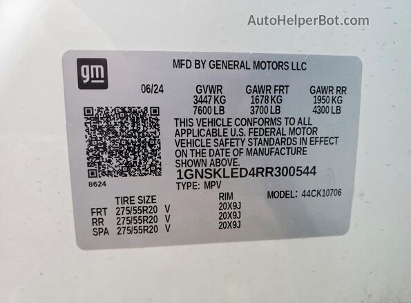 1GNSKLED4RR300544 2024 CHEVROLET TAHOE White VIN კოდის სტიკერის ხედი