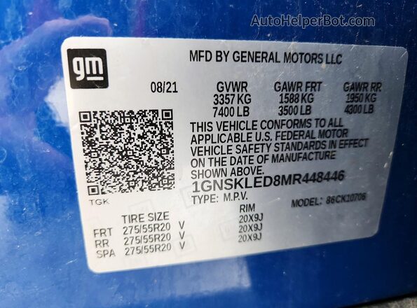 1GNSKLED8MR448446 2021 CHEVROLET TAHOE Blue Vista de la etiqueta del VIN