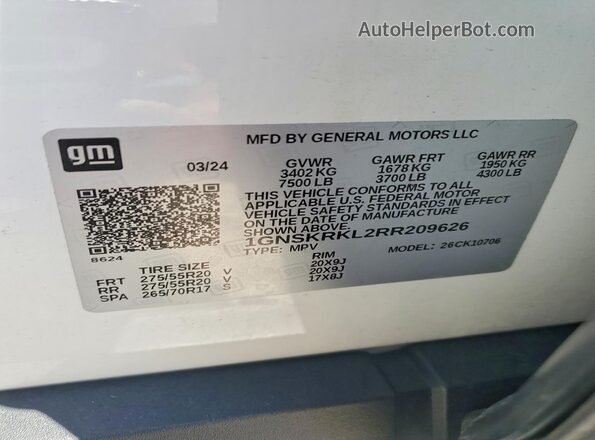 1GNSKRKL2RR209626 2024 CHEVROLET TAHOE White 