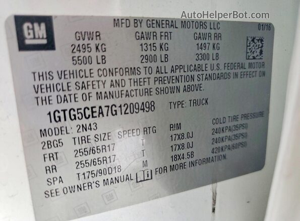 1GTG5CEA7G1209498 2016 GMC CANYON White ძრავის განყოფილების ხედი