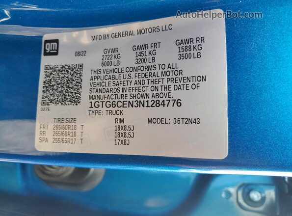 1GTG6CEN3N1284776 2022 GMC CANYON Blue Vista del compartimento del motor