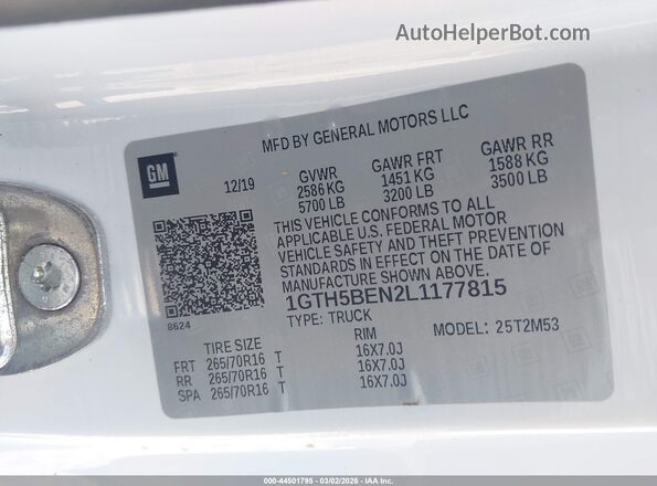 1GTH5BEN2L1177815 2020 GMC CANYON White Вид підкапотного простору