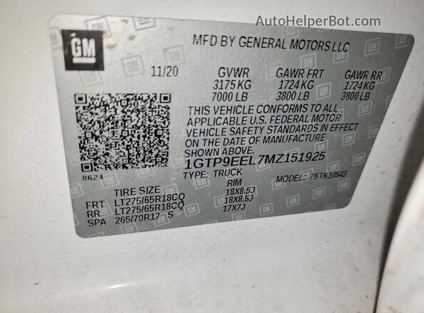 1GTP9EEL7MZ151925 2021 GMC SIERRA White Vista de la etiqueta del VIN