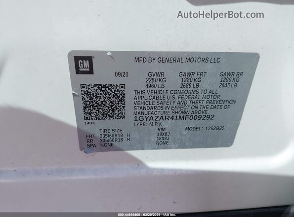 1GYAZAR41MF009292 2021 CADILLAC XT4 White 