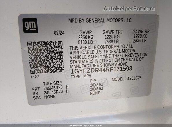 1GYFZDR44RF171593 2024 CADILLAC XT4 White Շարժիչի բաժամունքի տեսք