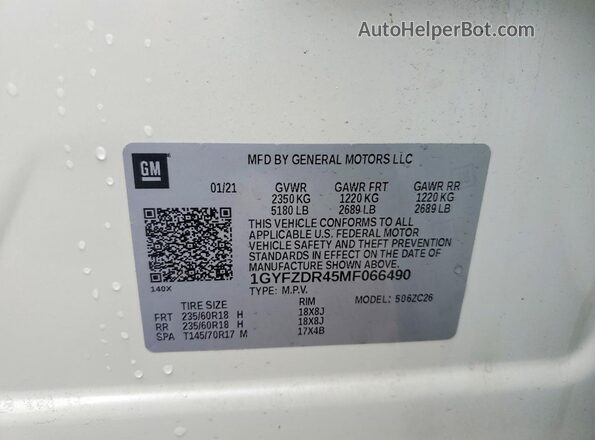 1GYFZDR45MF066490 2021 CADILLAC XT4 White Vista de la etiqueta del VIN