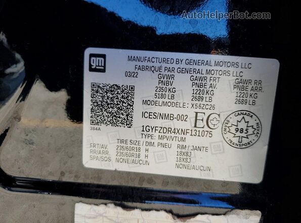 1GYFZDR4XNF131075 2022 CADILLAC XT4 Black VIN sticker view