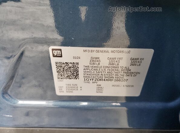 1GYFZDR4XRF166107 2024 CADILLAC XT4 Blue Widok naklejki z numerem VIN