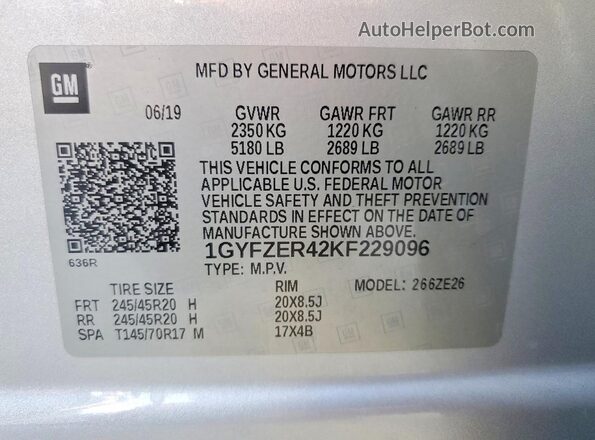 1GYFZER42KF229096 2019 CADILLAC XT4 Серебряный 