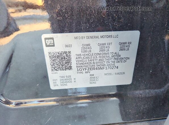 1GYFZER45NF170274 2022 CADILLAC XT4 Серый Вид наклейки с VIN-кодом