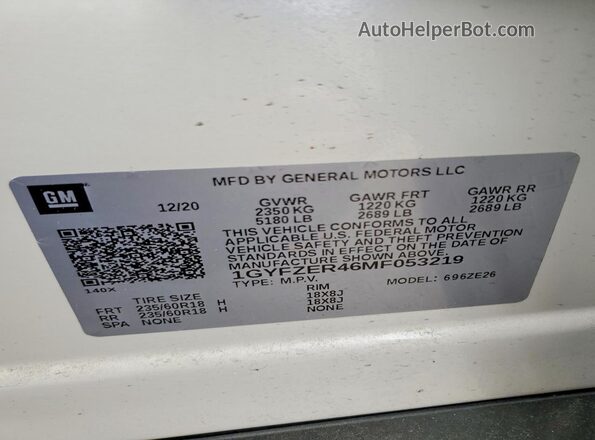 1GYFZER46MF053219 2021 CADILLAC XT4 Белый 