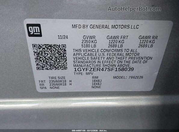 1GYFZER47SF158039 2025 CADILLAC XT4 Gray 