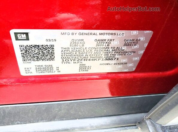 1GYFZFR44KF188671 2019 CADILLAC XT4 Red 