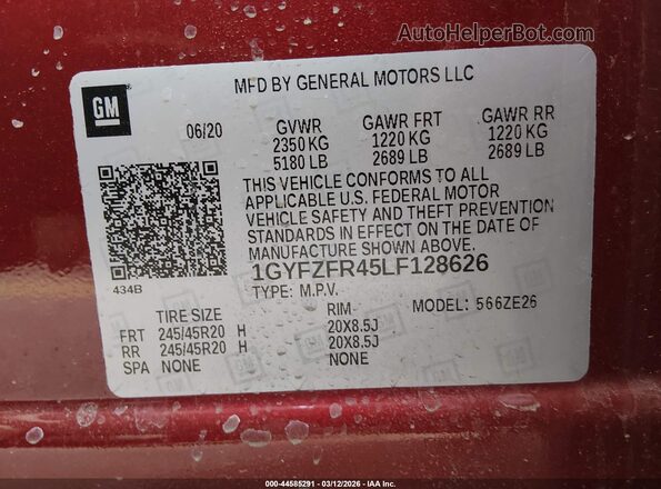 1GYFZFR45LF128626 2020 CADILLAC XT4 Red Շարժիչի բաժամունքի տեսք