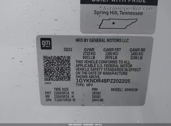 1GYKNDR48PZ202205 2023 CADILLAC XT5 White Engine compartment view