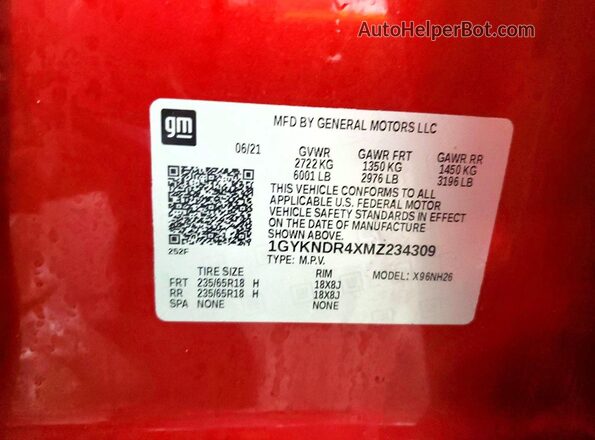 1GYKNDR4XMZ234309 2021 CADILLAC XT5 Red 