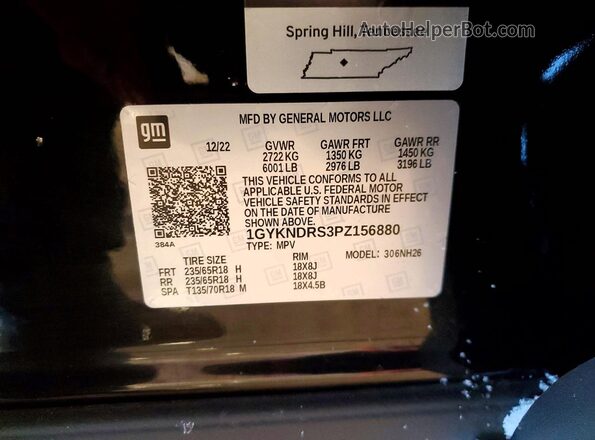 1GYKNDRS3PZ156880 2023 CADILLAC XT5 Черный Вид наклейки с VIN-кодом