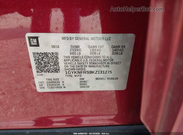 1GYKNFRS9KZ131275 2019 CADILLAC XT5 Красный 