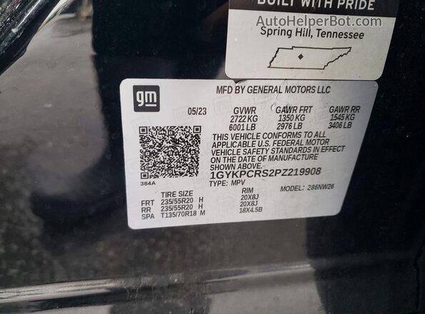 1GYKPCRS2PZ219908 2023 CADILLAC OTHER Black Вид наклейки з VIN-кодом