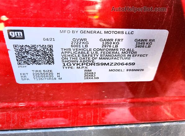 1GYKPDRS9MZ206459 2021 CADILLAC OTHER Red VIN კოდის სტიკერის ხედი