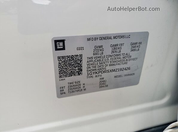 1GYKPDRSXMZ192426 2021 CADILLAC OTHER White Вид наклейки з VIN-кодом