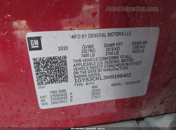 1GYS3CKL3MR198402 2021 CADILLAC ESCALADE Red ძრავის განყოფილების ხედი