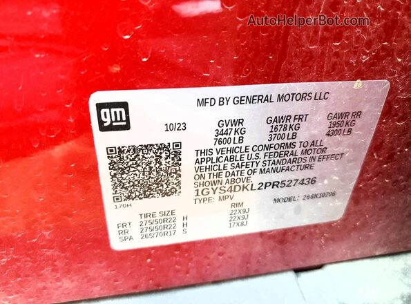 1GYS4DKL2PR527436 2023 CADILLAC ESCALADE Red VIN კოდის სტიკერის ხედი