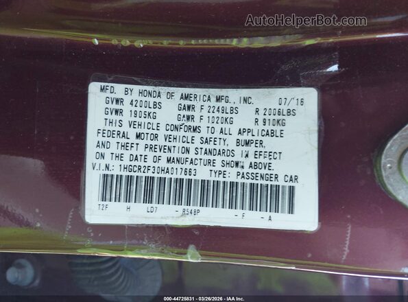 1HGCR2F30HA017663 2017 HONDA ACCORD Red Widok komory silnika